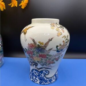 Vintage Japanese Ceramic Vase With Peacock, Floral Design & gold accents 7.5”H